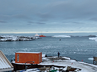 ARSV Laurence M. Gould leaving Palmer Station.  Photo by Julian Race. Image courtesy of NSF/USAP Photo Library.
