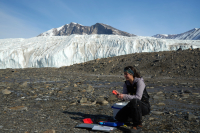 Researcher collects samples of algal mats along Green Creek. Photo by Brian Minnear, courtesy of the USAP Photo Library.