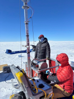 Forest Harmon and Elliot Moravec (IDP) collect cores, Taylor Dome. Photo by Zoe Courville.