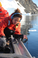 Polar STEAM Antarctica Artists and Writers Fellow, Rebecca Adorno Davila, capturing sounds with a hydrophone off a small boat operated by the R/V Sikuliaq in waters near the Antarctic Peninsula. Photo by Alison Murray.