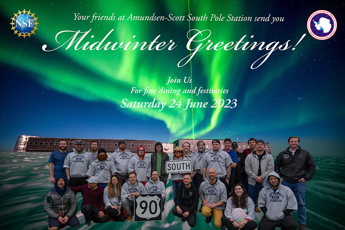 South Pole station midwinter greeting card