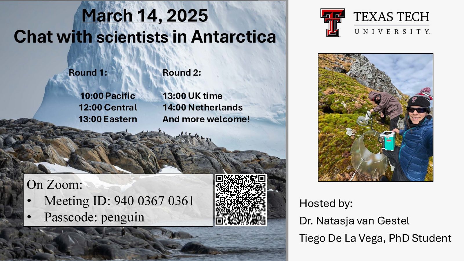 Details for chat meeting; Zoom Meeting ID: 940 0367 0361; Passcode: penguin
