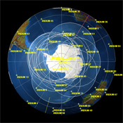A depiction of the various ground footprints of the Iridium satellites.