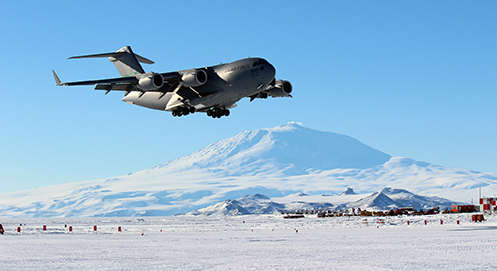 A U.S. Air Force C-17 aircraft lands near McMurdo Station. 